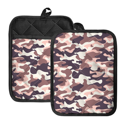 Pink Brown Camouflage Print Pot Holders With Pocket