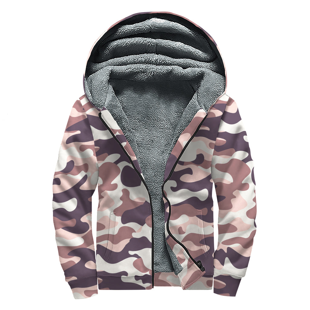 Pink Brown Camouflage Print Sherpa Lined Zip Up Hoodie
