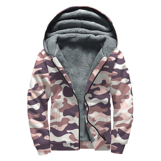 Pink Brown Camouflage Print Sherpa Lined Zip Up Hoodie