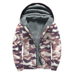 Pink Brown Camouflage Print Sherpa Lined Zip Up Hoodie