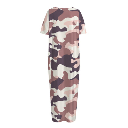 Pink Brown Camouflage Print Short Sleeve Long Nightdress