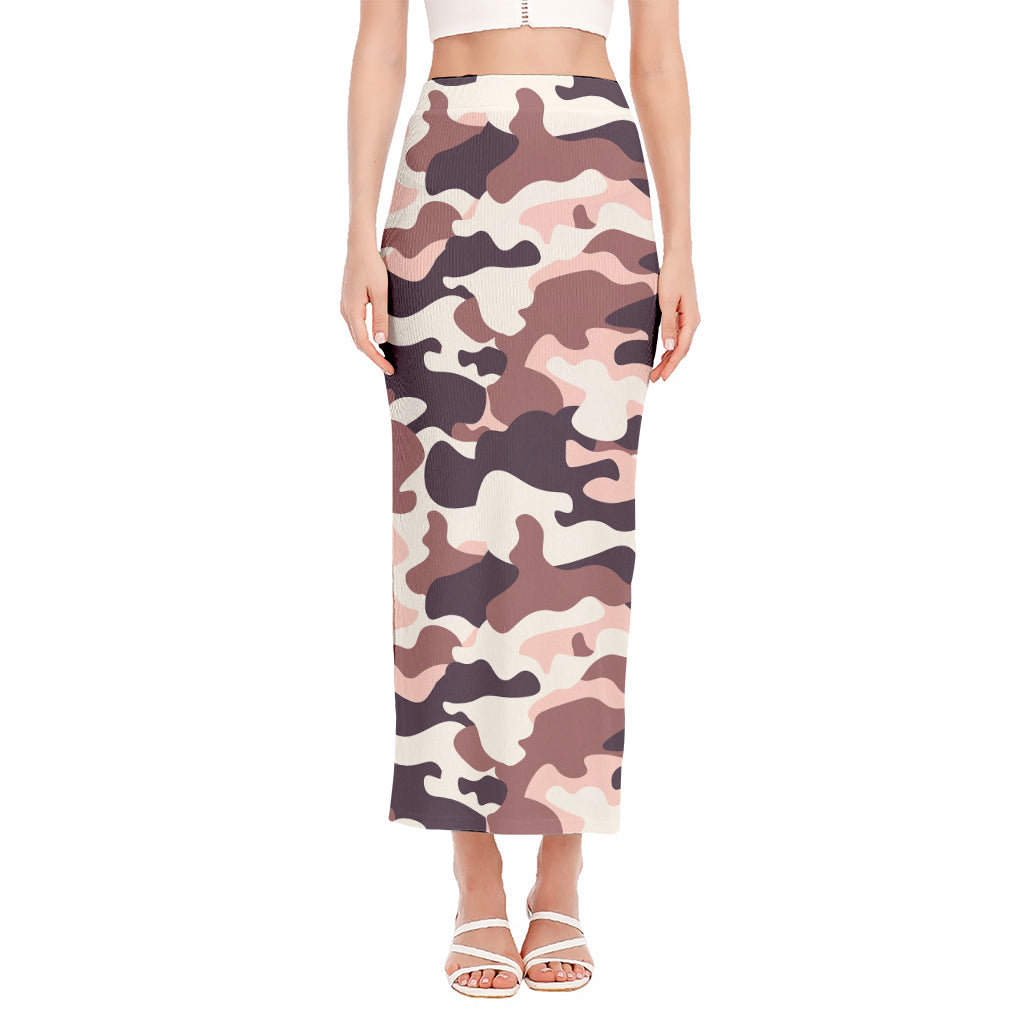 Pink Brown Camouflage Print Side Slit Maxi Skirt