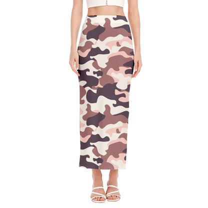 Pink Brown Camouflage Print Side Slit Maxi Skirt