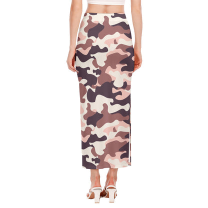 Pink Brown Camouflage Print Side Slit Maxi Skirt