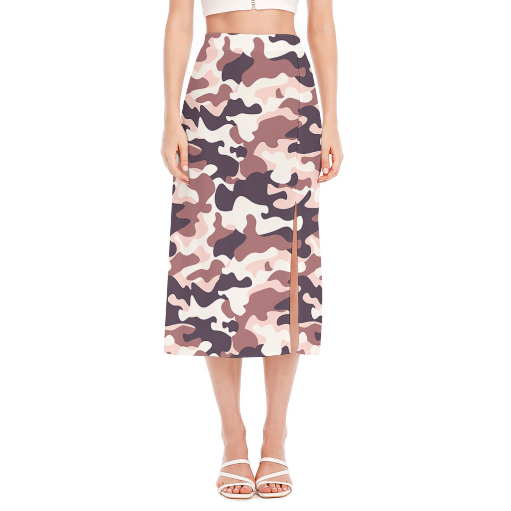 Pink Brown Camouflage Print Side Slit Midi Skirt