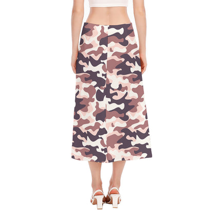 Pink Brown Camouflage Print Side Slit Midi Skirt