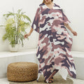 Pink Brown Camouflage Print Silk V-Neck Kaftan Dress