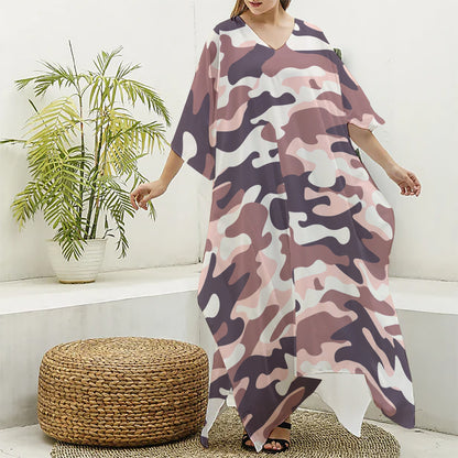 Pink Brown Camouflage Print Silk V-Neck Kaftan Dress