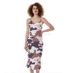 Pink Brown Camouflage Print Slim Fit Midi Cami Dress