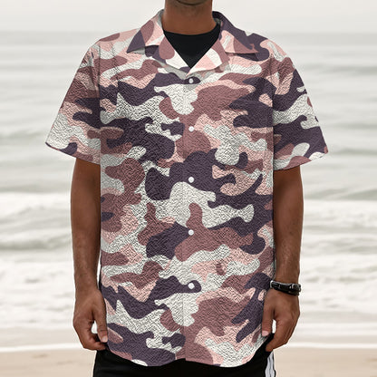 Pink Brown Camouflage Print Textured Short Sleeve Shirt