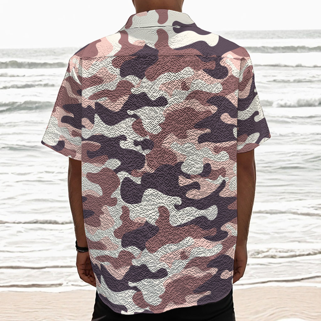 Pink Brown Camouflage Print Textured Short Sleeve Shirt