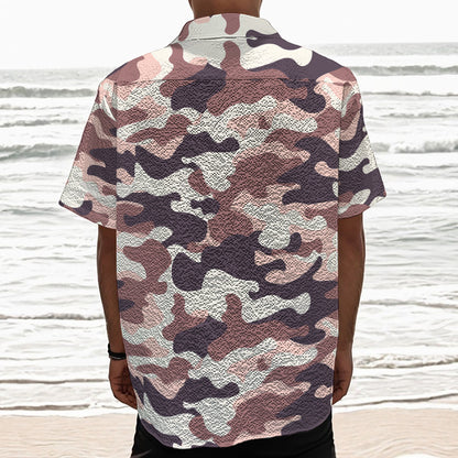 Pink Brown Camouflage Print Textured Short Sleeve Shirt