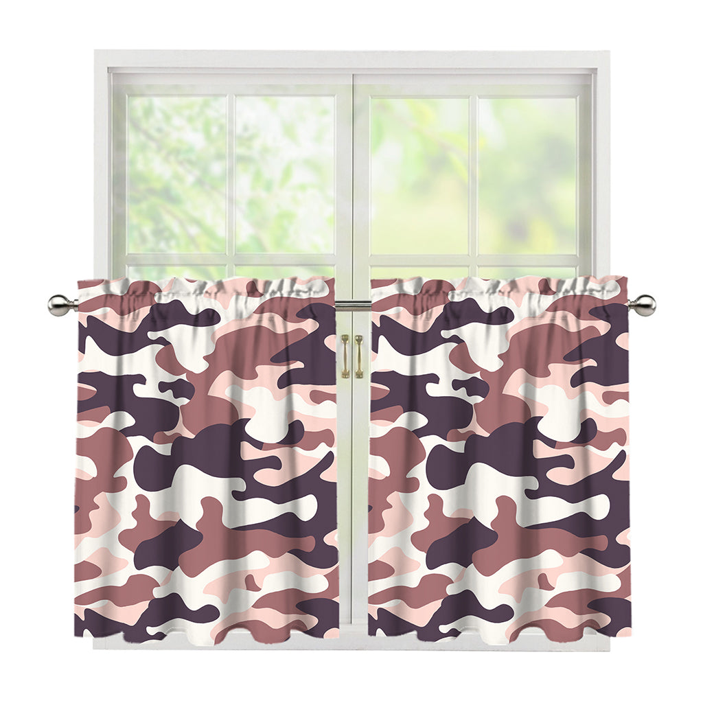 Pink Brown Camouflage Print Tier Curtains