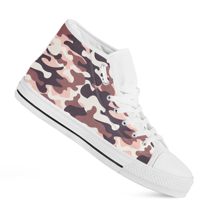 Pink Brown Camouflage Print White High Top Sneakers