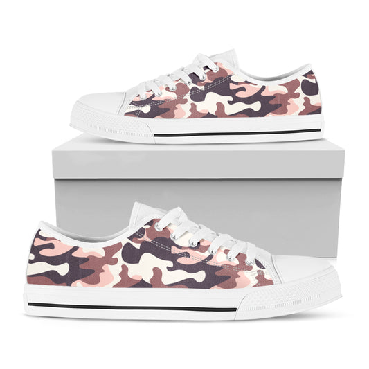 Pink Brown Camouflage Print White Low Top Sneakers