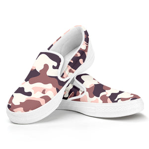 Pink Brown Camouflage Print White Slip On Sneakers