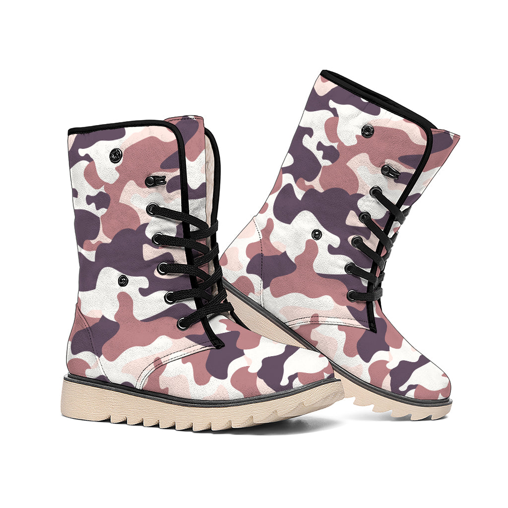 Pink Brown Camouflage Print Winter Boots