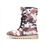 Pink Brown Camouflage Print Winter Boots