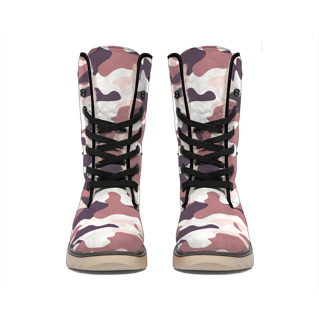 Pink Brown Camouflage Print Winter Boots