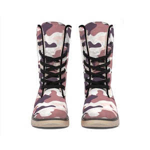 Pink Brown Camouflage Print Winter Boots