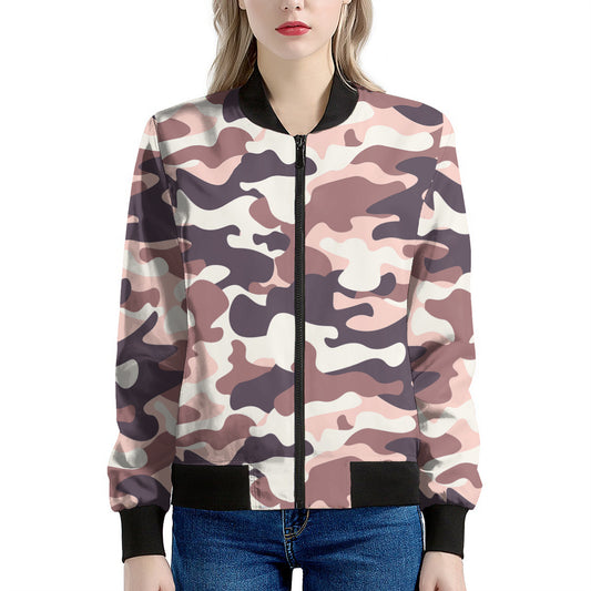 Pink Brown Camouflage Print Women's Bomber Jacket