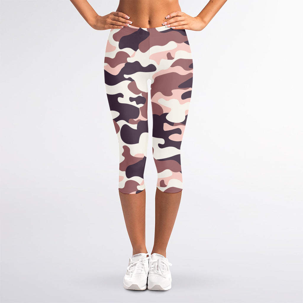 Pink Brown Camouflage Print Women's Capri Leggings