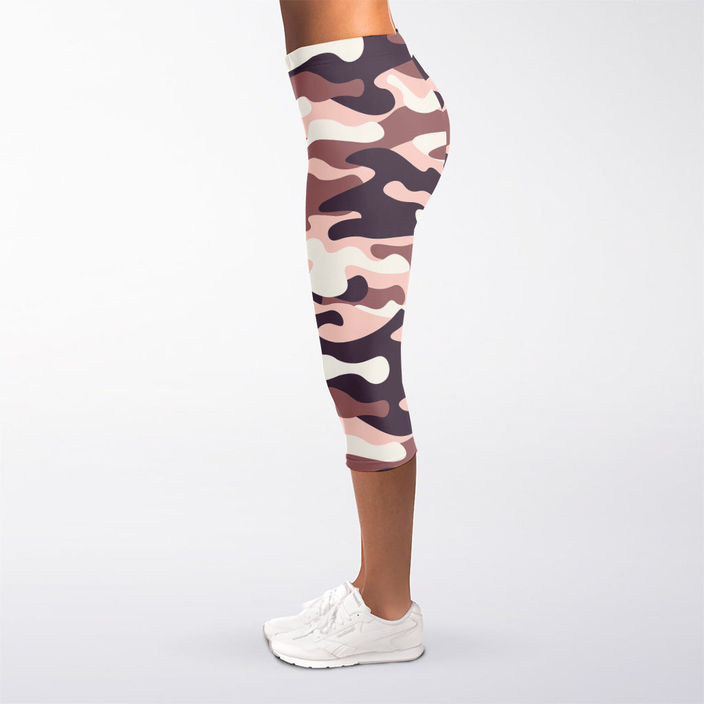 Pink Brown Camouflage Print Women's Capri Leggings