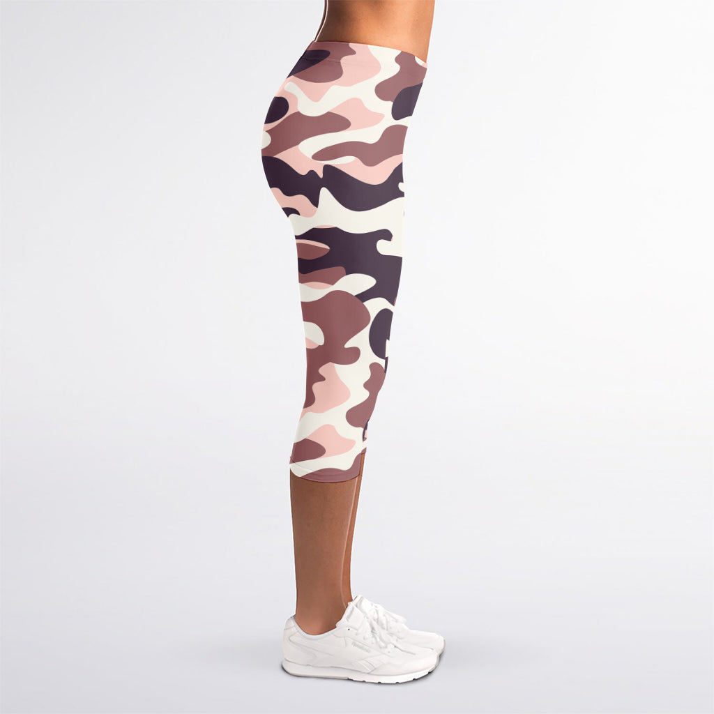 Pink Brown Camouflage Print Women's Capri Leggings