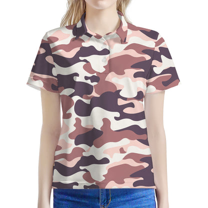 Pink Brown Camouflage Print Women's Polo Shirt