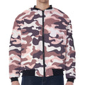 Pink Brown Camouflage Print Zip Sleeve Bomber Jacket