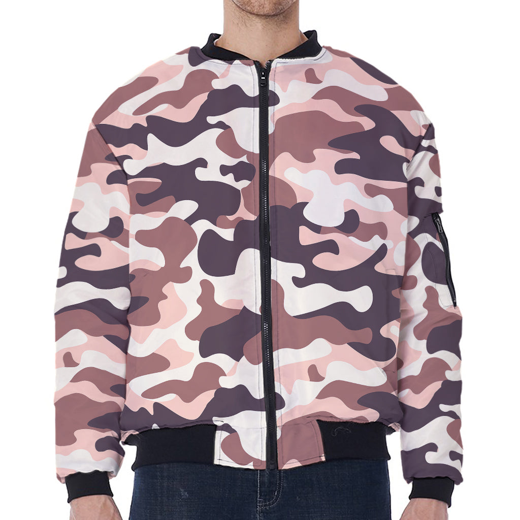 Pink Brown Camouflage Print Zip Sleeve Bomber Jacket