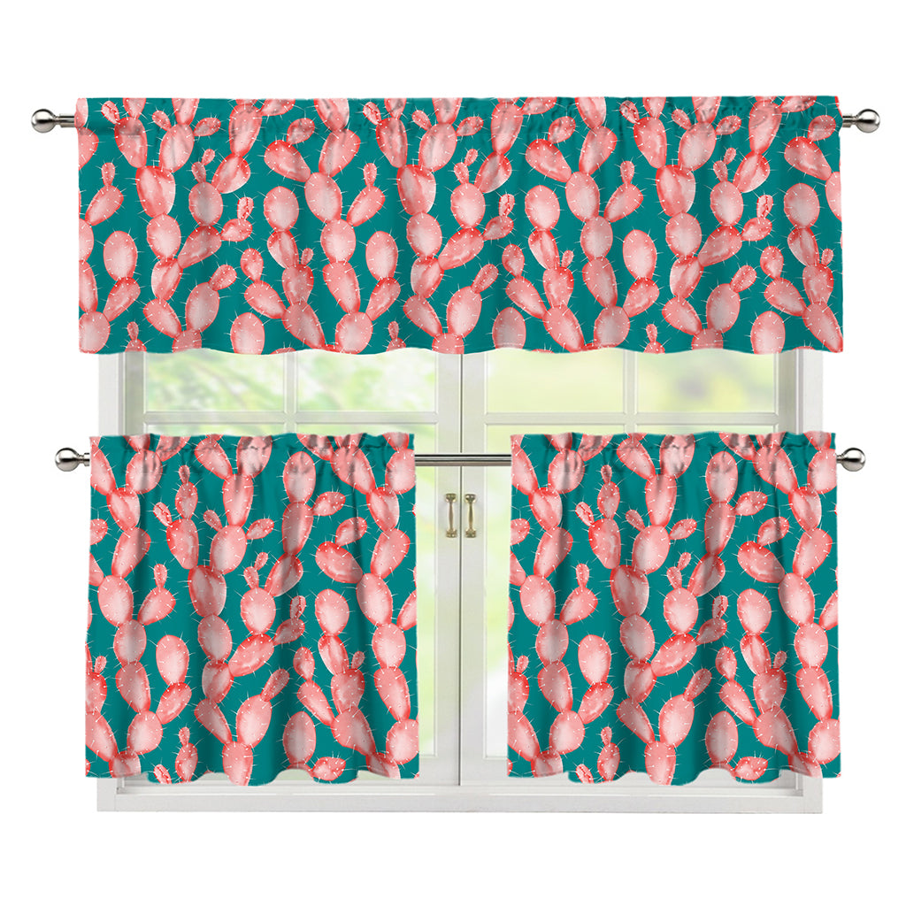 Pink Cactus Pattern Print 3 Piece Kitchen Curtains
