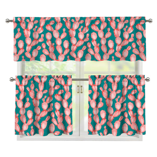 Pink Cactus Pattern Print 3 Piece Kitchen Curtains