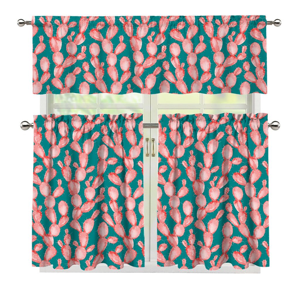 Pink Cactus Pattern Print 3 Piece Kitchen Curtains