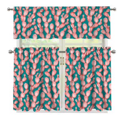 Pink Cactus Pattern Print 3 Piece Kitchen Curtains