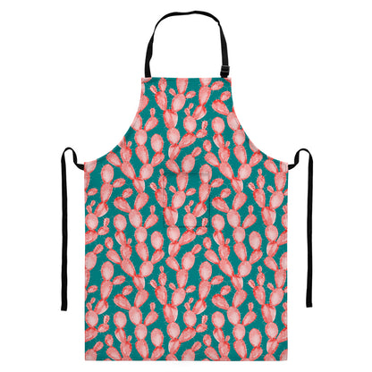 Pink Cactus Pattern Print Bib Apron With Pocket