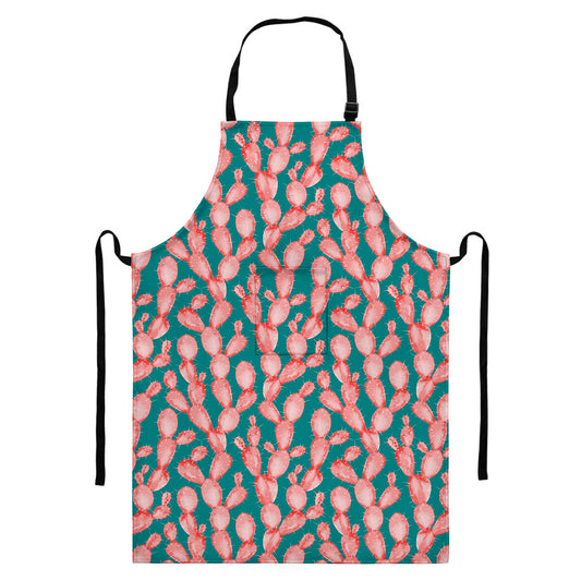 Pink Cactus Pattern Print Bib Apron With Pocket
