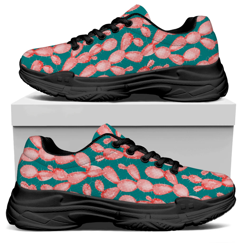 Pink Cactus Pattern Print Black Chunky Shoes