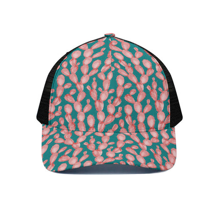 Pink Cactus Pattern Print Black Mesh Trucker Cap