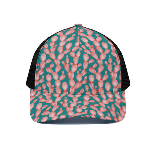 Pink Cactus Pattern Print Black Mesh Trucker Cap
