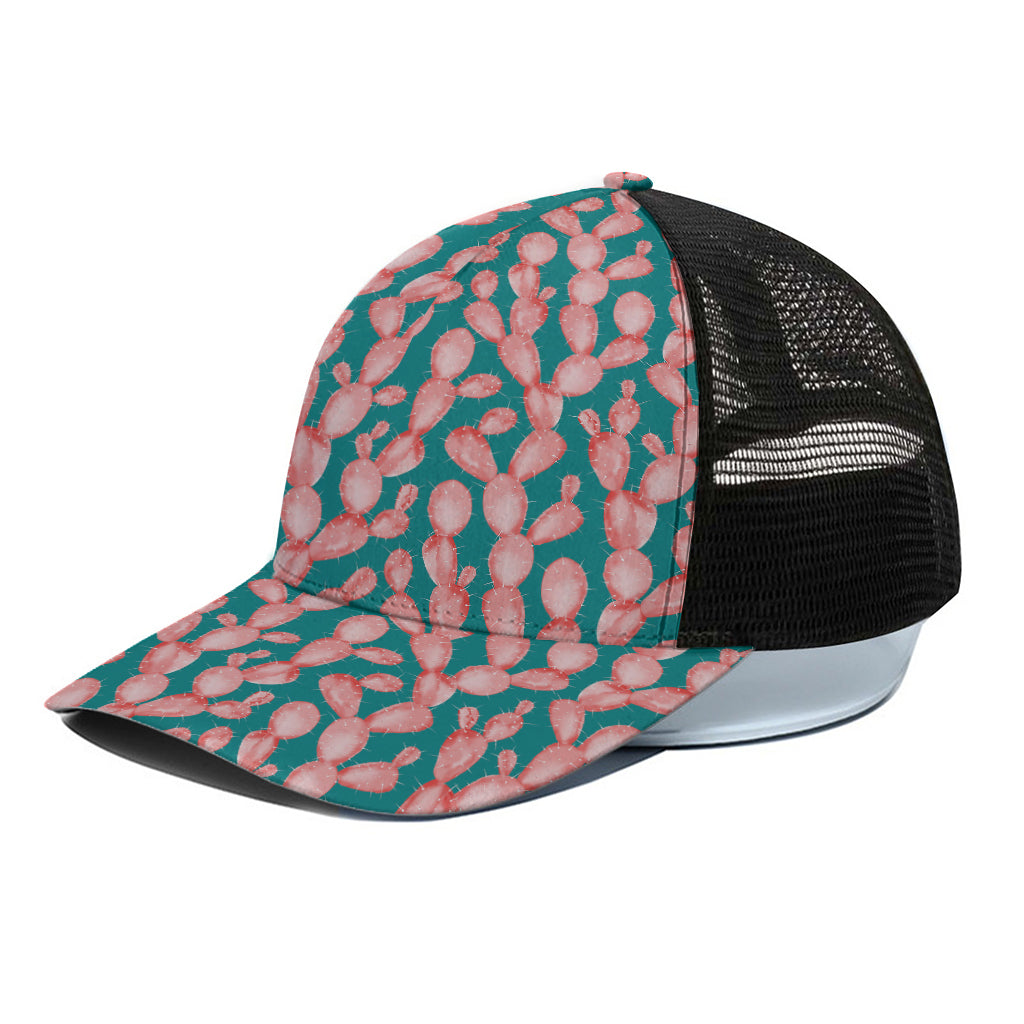 Pink Cactus Pattern Print Black Mesh Trucker Cap
