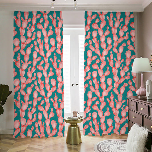 Pink Cactus Pattern Print Blackout Pencil Pleat Curtains