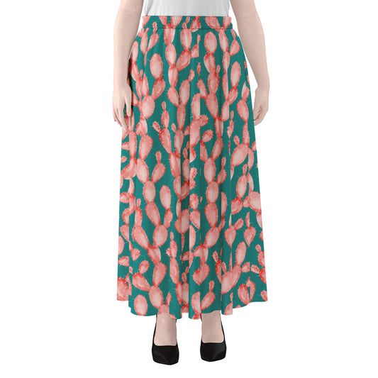 Pink Cactus Pattern Print Chiffon Maxi Skirt