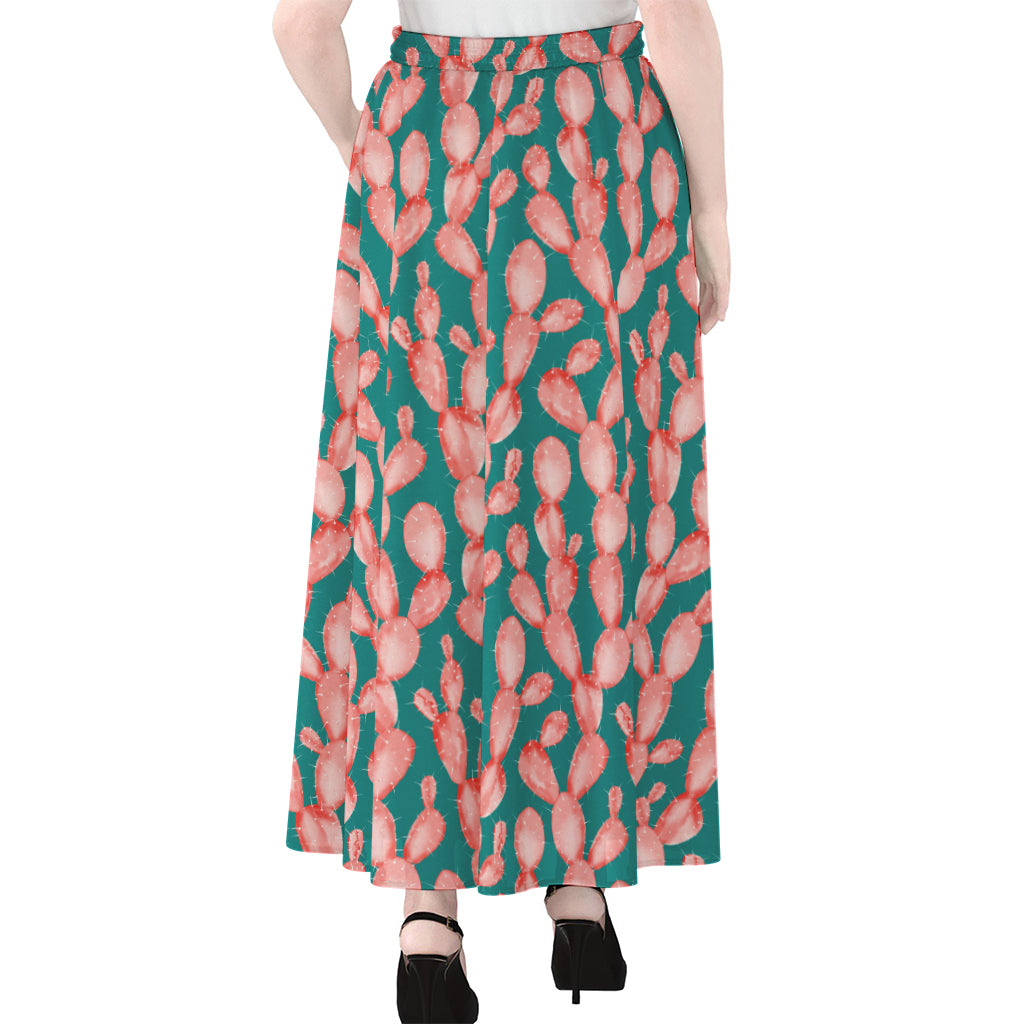 Pink Cactus Pattern Print Chiffon Maxi Skirt
