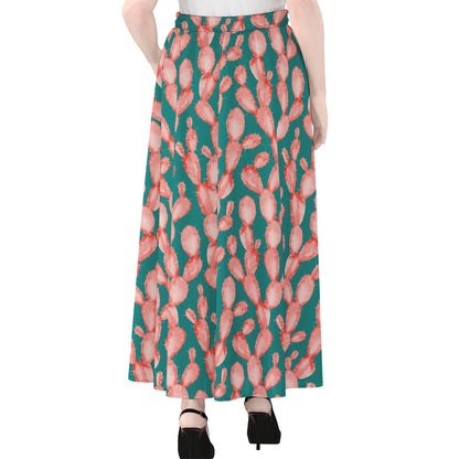 Pink Cactus Pattern Print Chiffon Maxi Skirt