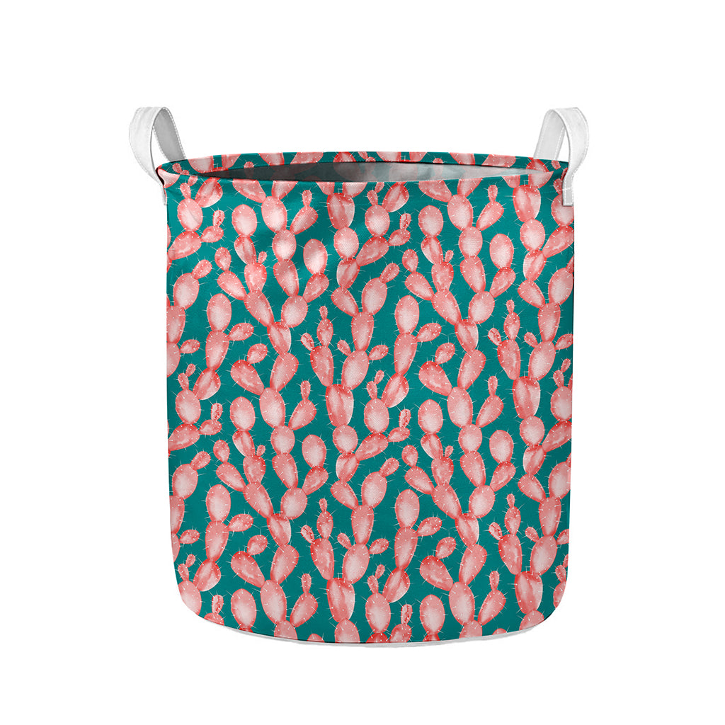Pink Cactus Pattern Print Collapsible Laundry Basket