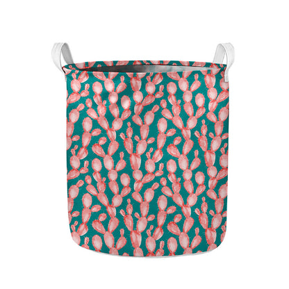 Pink Cactus Pattern Print Collapsible Laundry Basket