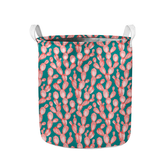 Pink Cactus Pattern Print Collapsible Laundry Basket