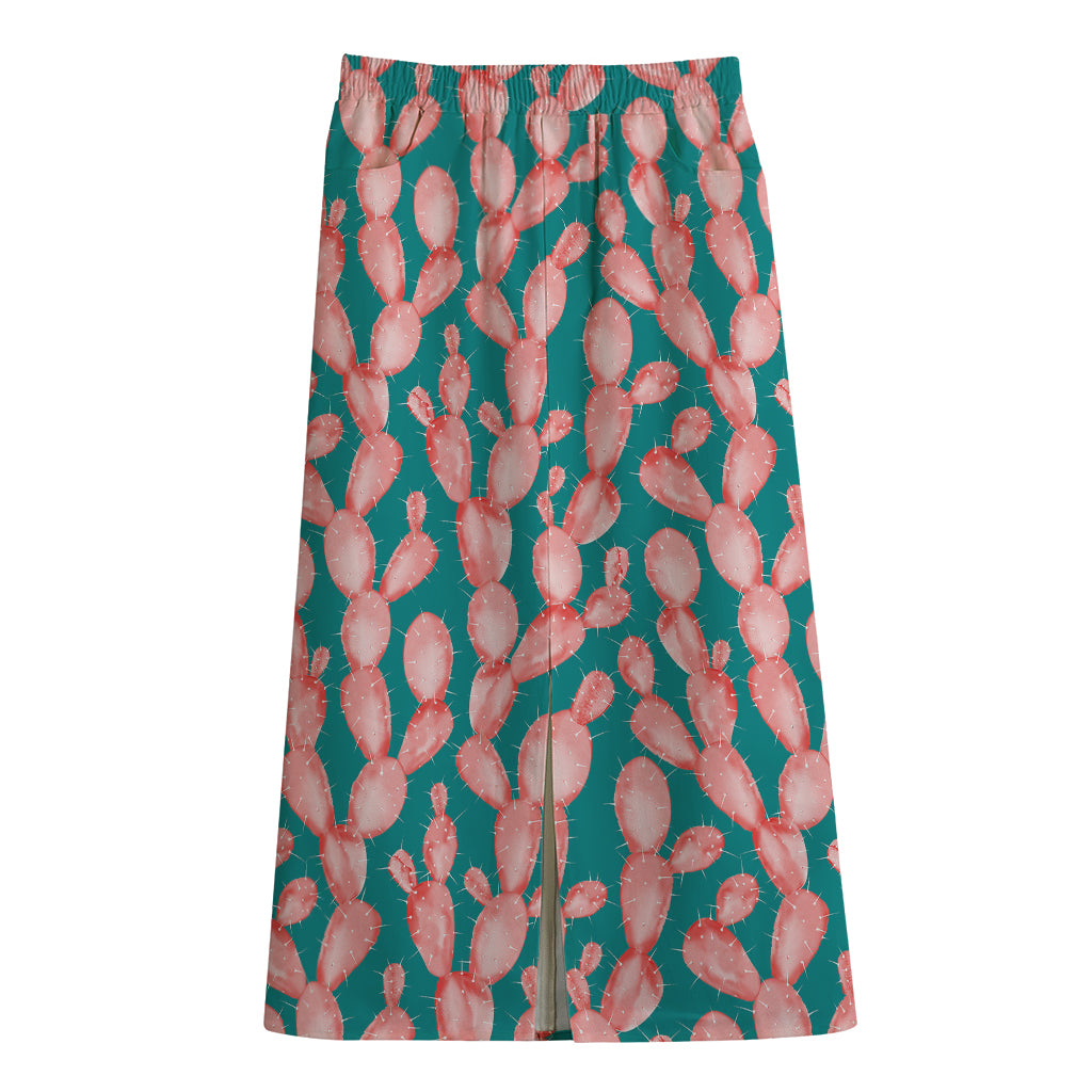 Pink Cactus Pattern Print Cotton Front Slit Maxi Skirt