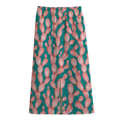 Pink Cactus Pattern Print Cotton Front Slit Maxi Skirt